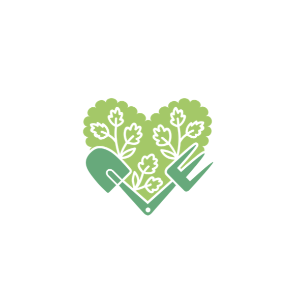 B and C Flock logo, a green heart made of leaves and garden tools